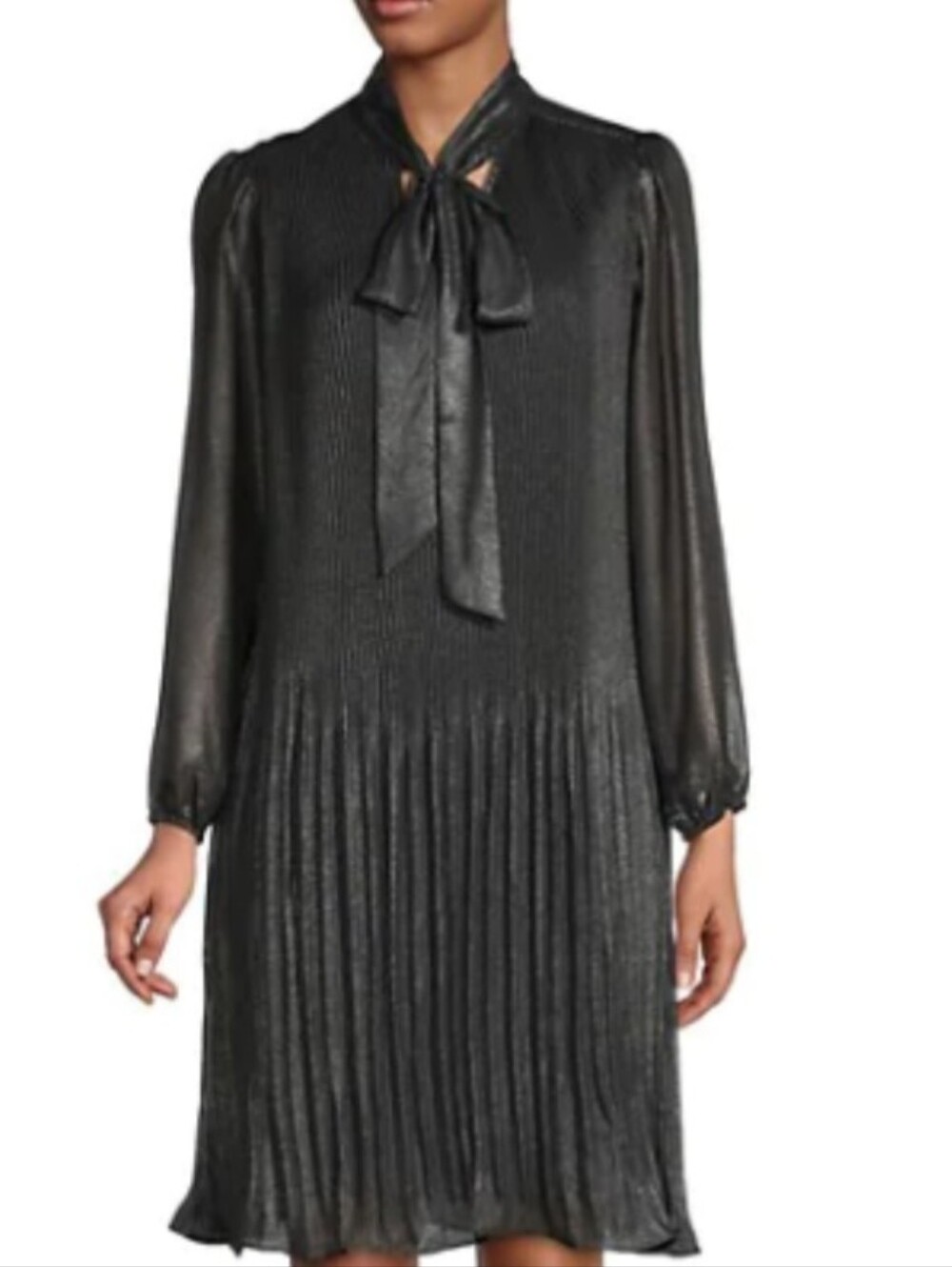 Nanette Lepore Shimmery Black Long-Sleeve Pleated Tie-Neck Dress Size 8